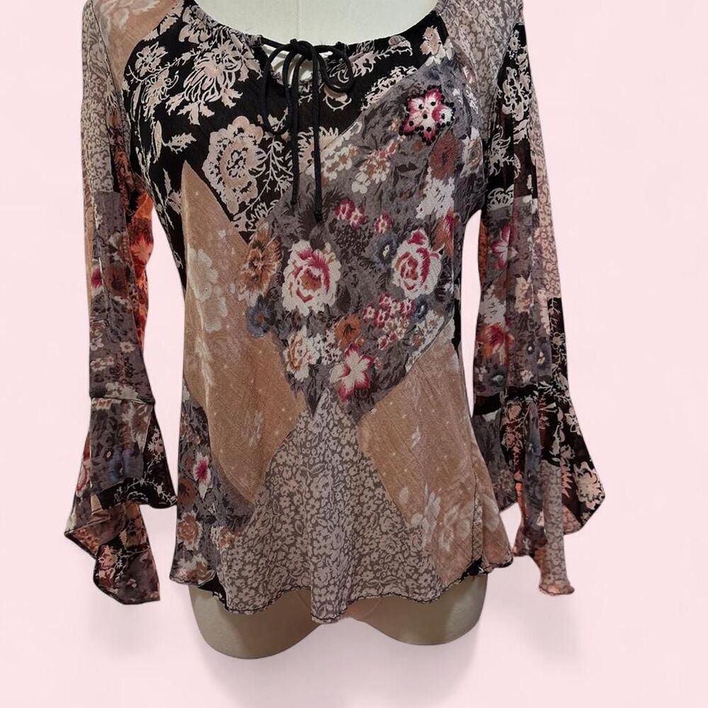Y2K Boho Patchwork Bell Sleeve Mesh Top | Fairycore Floral Rhinestone Blouse Siz